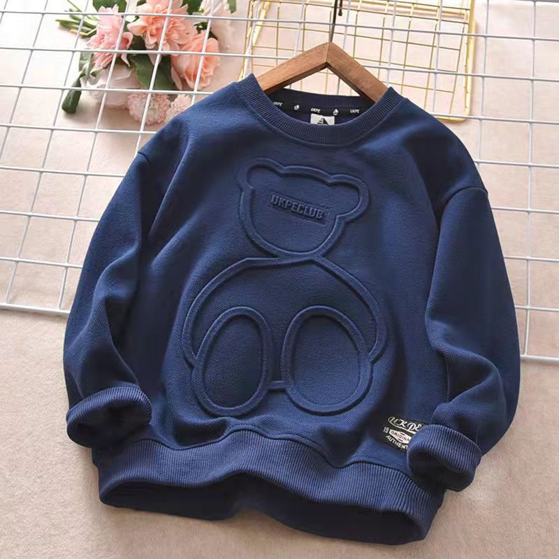 Boys' sweater spring and autumn middle school kids  new embossed foreign style long sleeve T-shirt cotton children's bottomed shirt with velvet