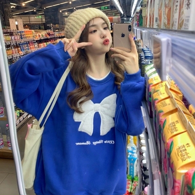 (composite sweater) Klein blue sweater women's autumn and winter 2021 new design sense bowknot aging and plush thickening