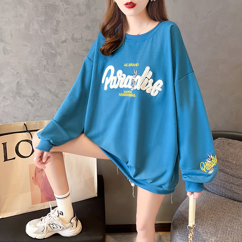25 cotton Korean version medium long embroidered round neck autumn long sleeve sweater women's top