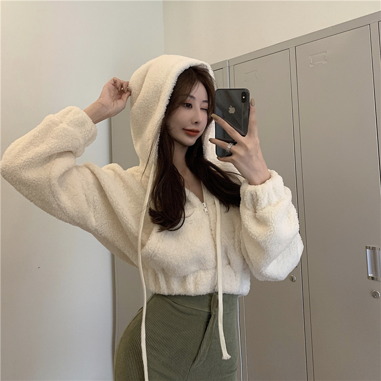 Solid color aging lamb Plush face hooded kangaroo pocket zipper short sweater women's thin coat in autumn and winter