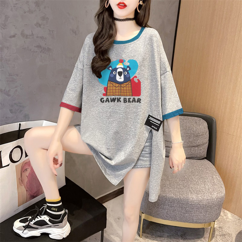 35 cotton split color cartoon large summer medium long short sleeve T-shirt women