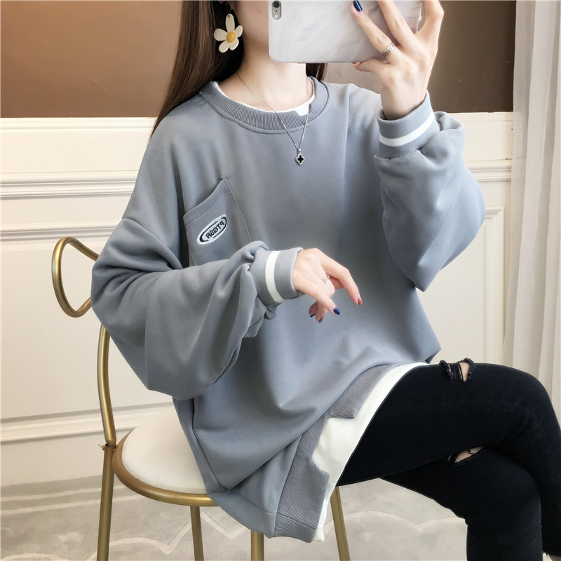 25 cotton Korean loose autumn embroidery versatile medium and long fake two-piece thin pocket sweater for women