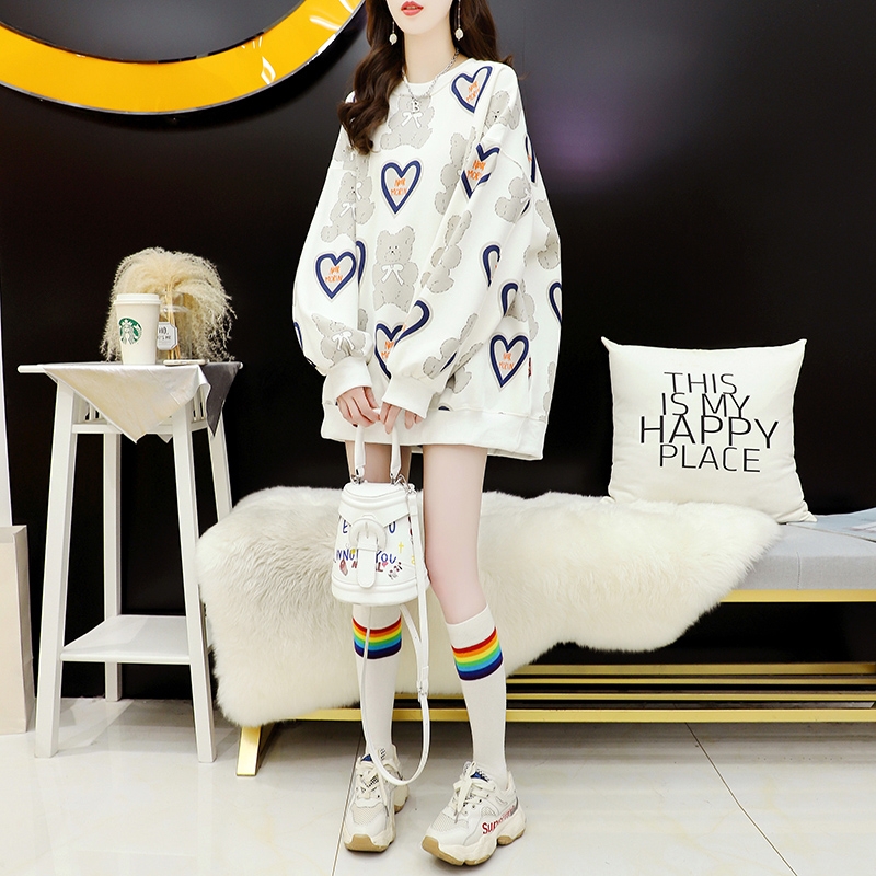 330g composite non pilling Plush thickened medium and long full printed sweater women's winter coat