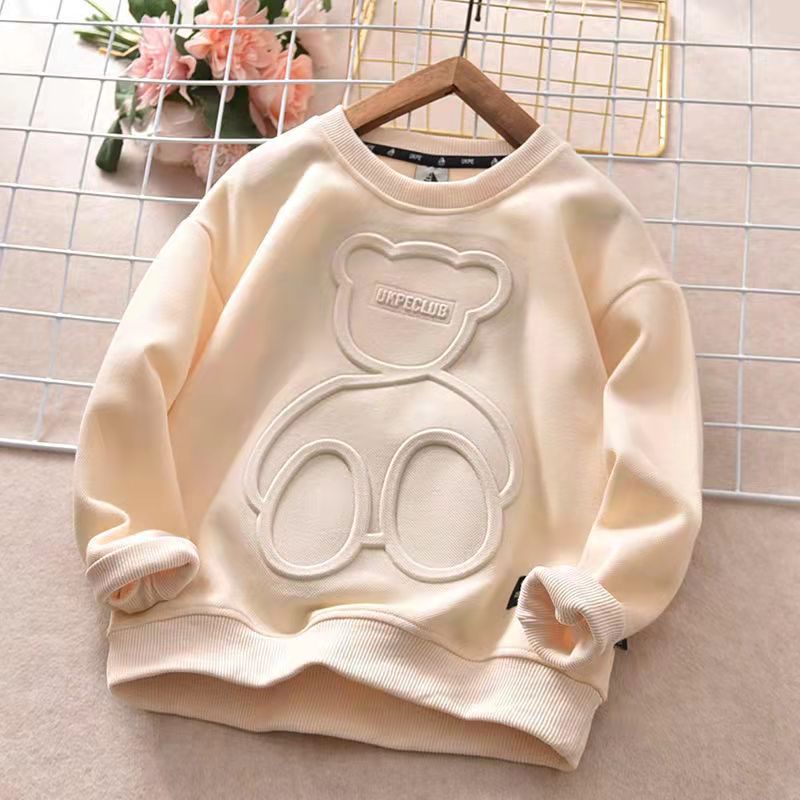 Boys' sweater spring and autumn middle school kids  new embossed foreign style long sleeve T-shirt cotton children's bottomed shirt with velvet