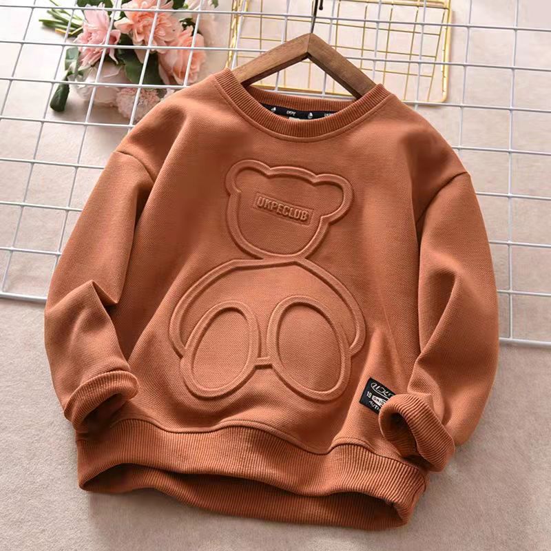 Boys' sweater spring and autumn middle school kids  new embossed foreign style long sleeve T-shirt cotton children's bottomed shirt with velvet