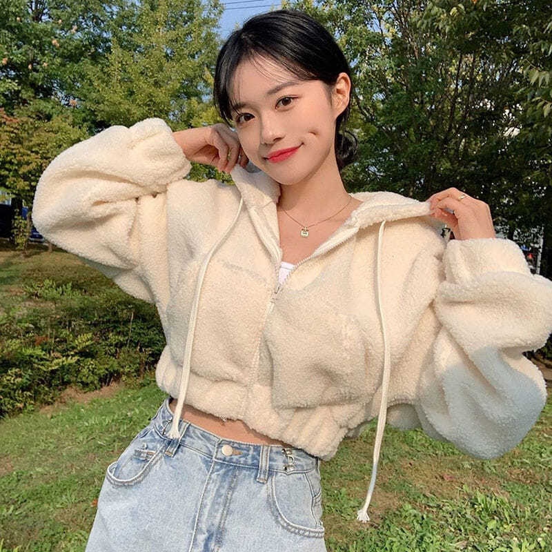 Solid color aging lamb Plush face hooded kangaroo pocket zipper short sweater women's thin coat in autumn and winter