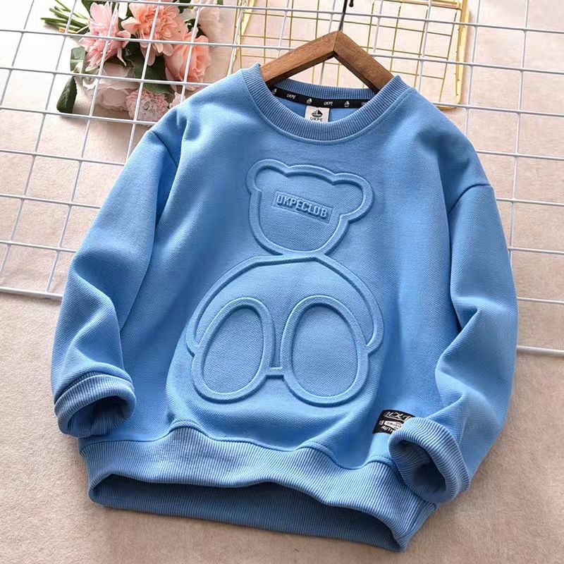 Boys' sweater spring and autumn middle school kids  new embossed foreign style long sleeve T-shirt cotton children's bottomed shirt with velvet