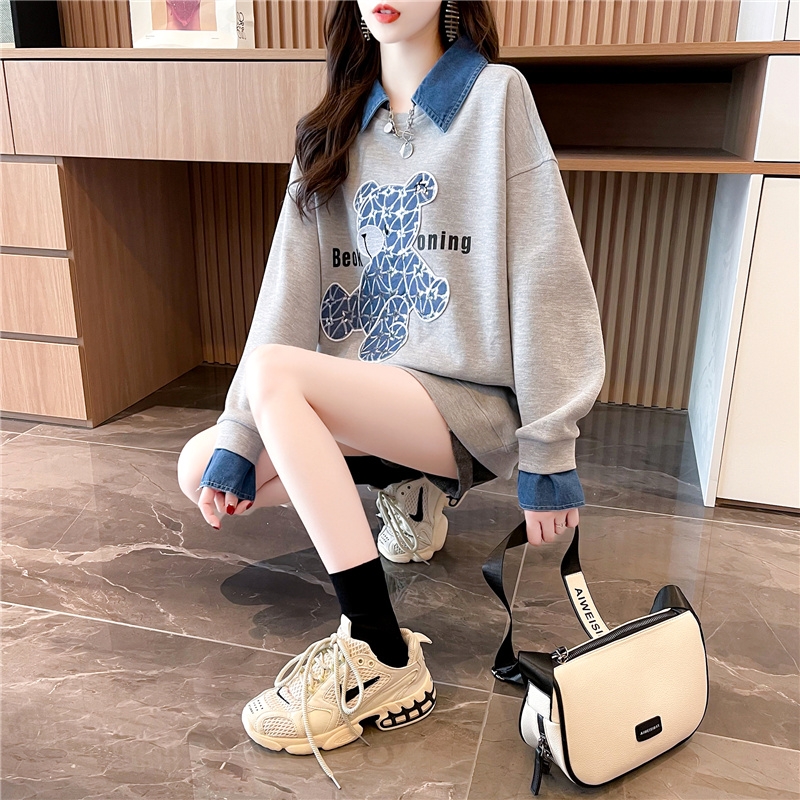 330g composite non pilling denim fake two pieces of embroidered beads and velvet sweater jacket for women