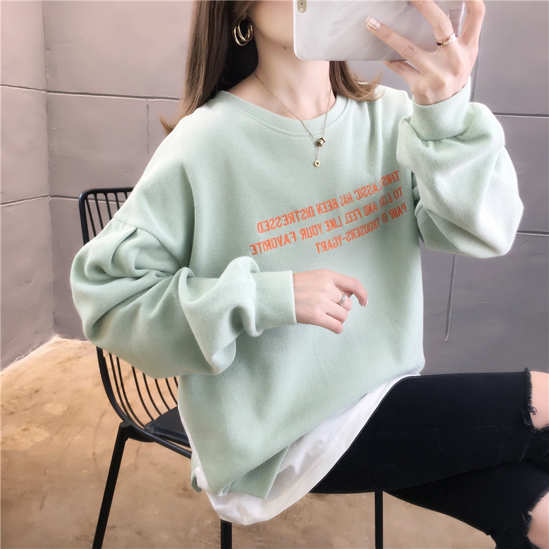 25 cotton Korean loose large size spring and autumn thin letter embroidery fake two-piece women's sweater