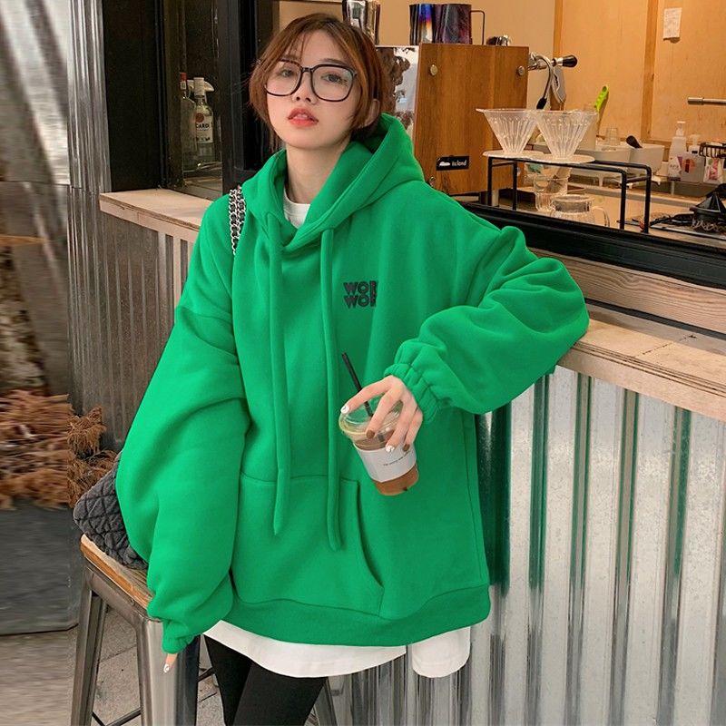 (composite sweater) green sweater women's Plush thickened lazy wind hooded top mid length in autumn and winter