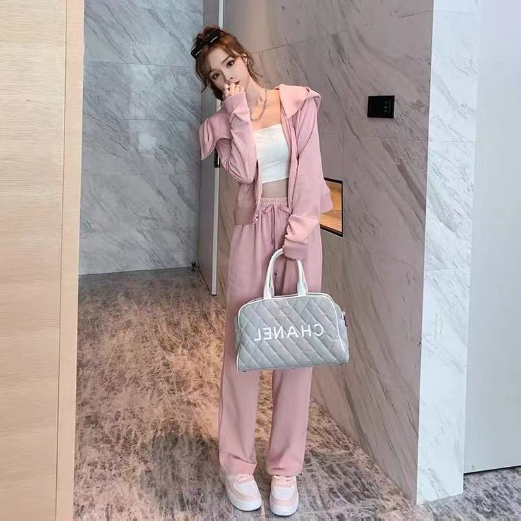 Leisure fashion suit women's spring and autumn 2021 New Fashion Pink Hooded cardigan sportswear two piece suit fashion