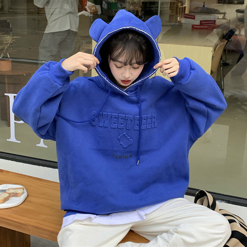 Cute bear Klein Blue Print hooded bear ear sweater women's autumn and winter new plush coat