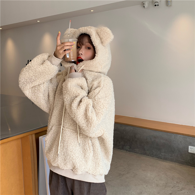 300g imitation lamb cashmere cute bear ears imitation lamb wool loose long sleeve women's sweater