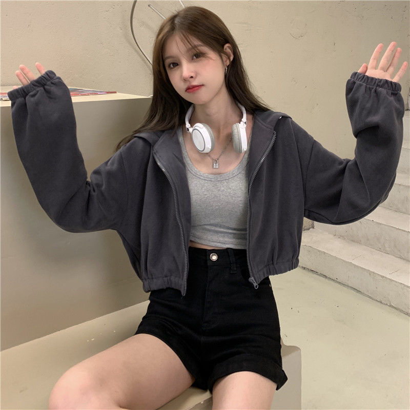 Hooded sweater short coat women's 2021 autumn winter new Korean versatile drawstring solid color sports and leisure top fashion