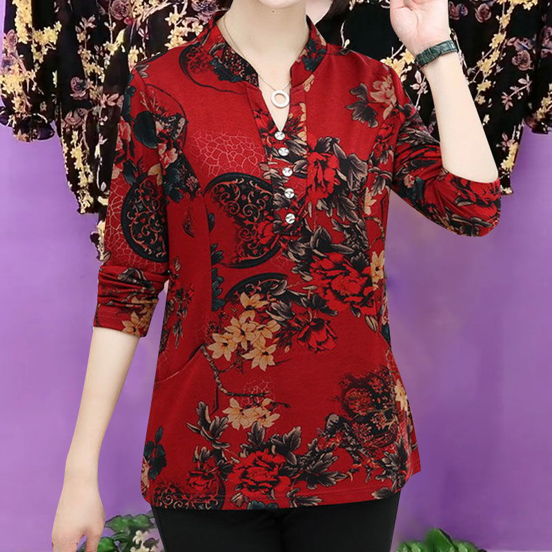 Mom autumn long sleeved T-shirt women's Dress Plus fat plus size fashion middle-aged and elderly loose belly covering women's bottomed shirt trend
