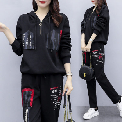 2021 fat mm spring and autumn new large loose hooded printed casual sportswear set women's Korean two-piece set
