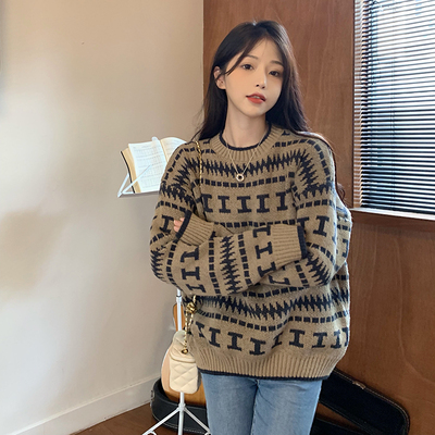 Lazy wind contrast color round neck long sleeve sweater women's autumn and winter 2021 new loose and thin outer sweater top