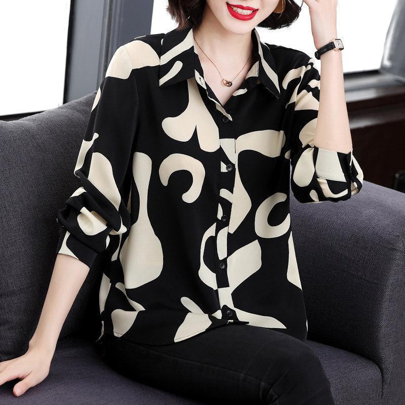 Shirt female long sleeve autumn design sense of minority loose large fat mm middle-aged mother chiffon shirt floral top fashion