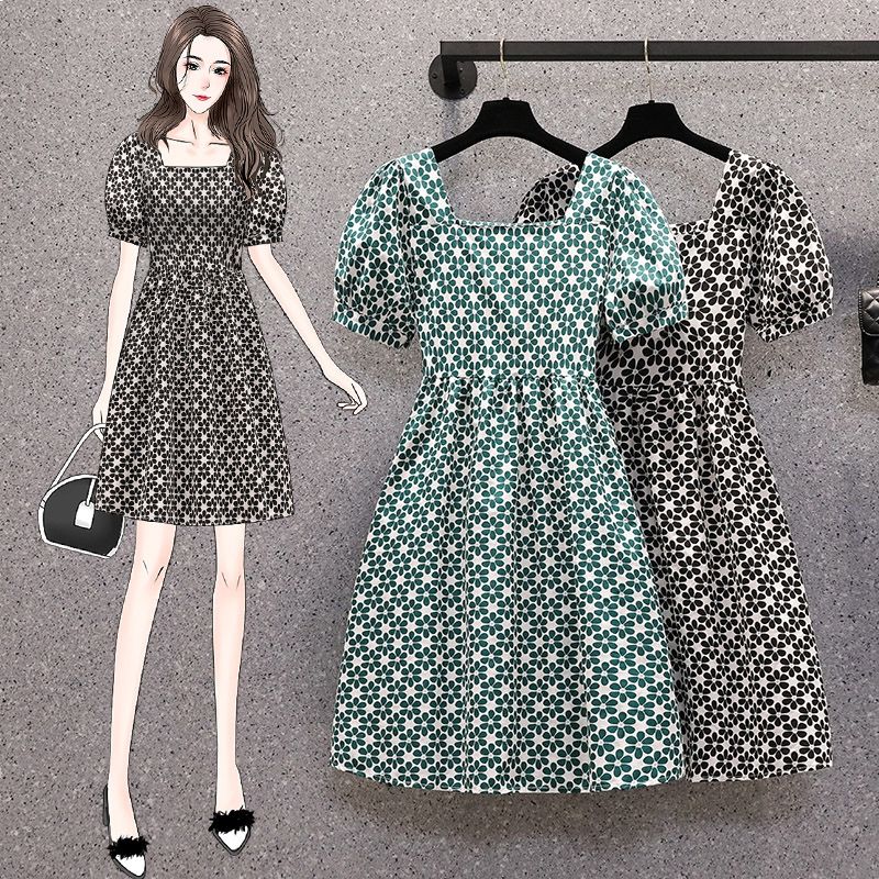 2021 new summer high-end waist closing, thin and aging temperament, medium and long round neck large women's dress