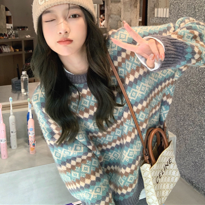 Lazy style thickened Vintage jacquard sweater women's autumn and winter 2021 new loose inner Knitted Top with bottom and outer wear