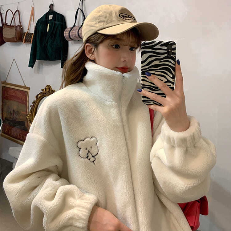 Large women's clothes 2021 autumn and winter new loose stand collar Plush thickened coat women's foreign style versatile student top