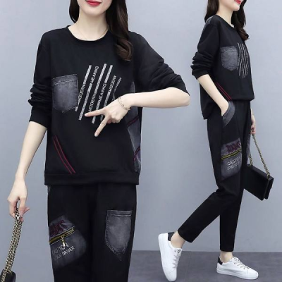 Fat mm spring and autumn new large loose casual printing set women's Korean casual sportswear two piece set fashion