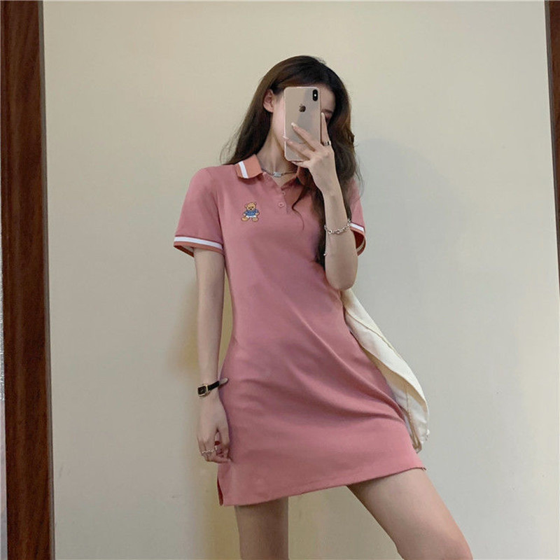 6535 cotton bear embroidery dress women's summer new high waist slim fit pure wind polo collar short skirt