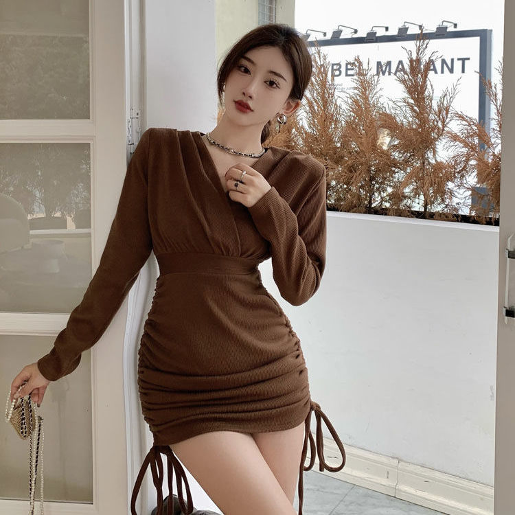 Autumn and winter new dress female pure desire sexy waist drawstring wrinkle temperament thin Hip Wrap middle skirt bottomed skirt female
