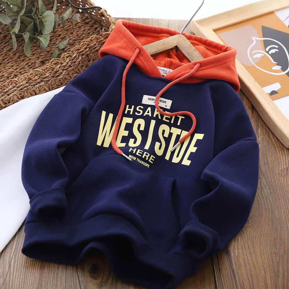 Boys' Plush thickened sweater 2021 autumn and winter new children's all-in-one Plush warm hooded bottomed shirt top fashion
