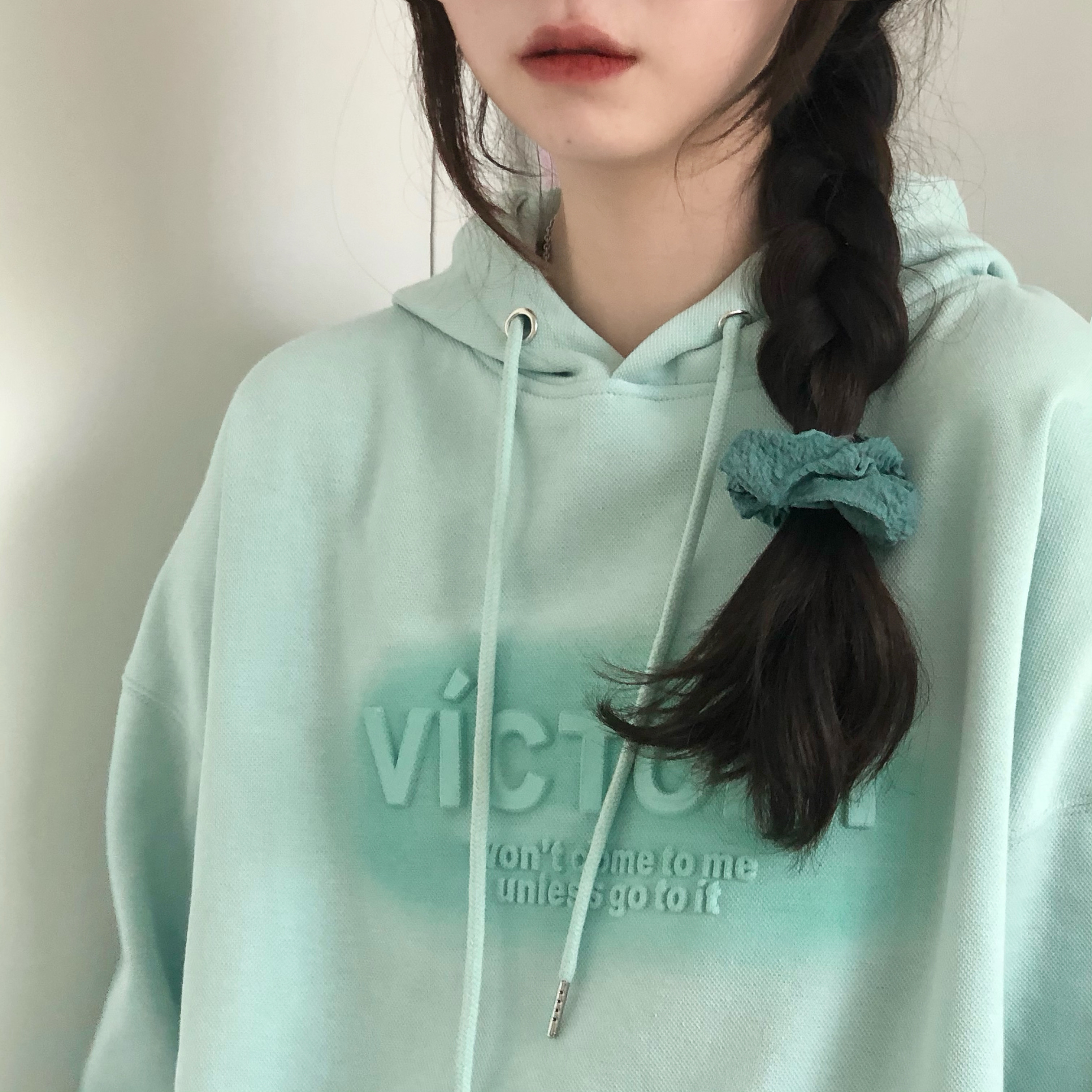 #Plush has produced # mint green concave convex Hoodie, female New Student Korean loose top