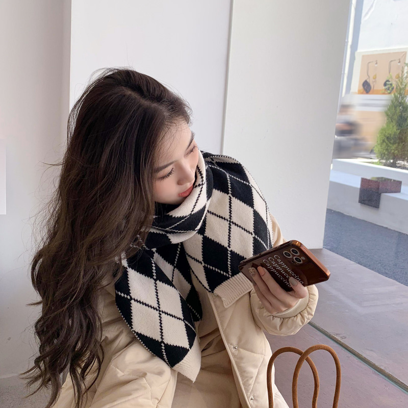 College style contrast color scarf female autumn winter Korean knitting warm Japanese couple scarf male ins versatile student