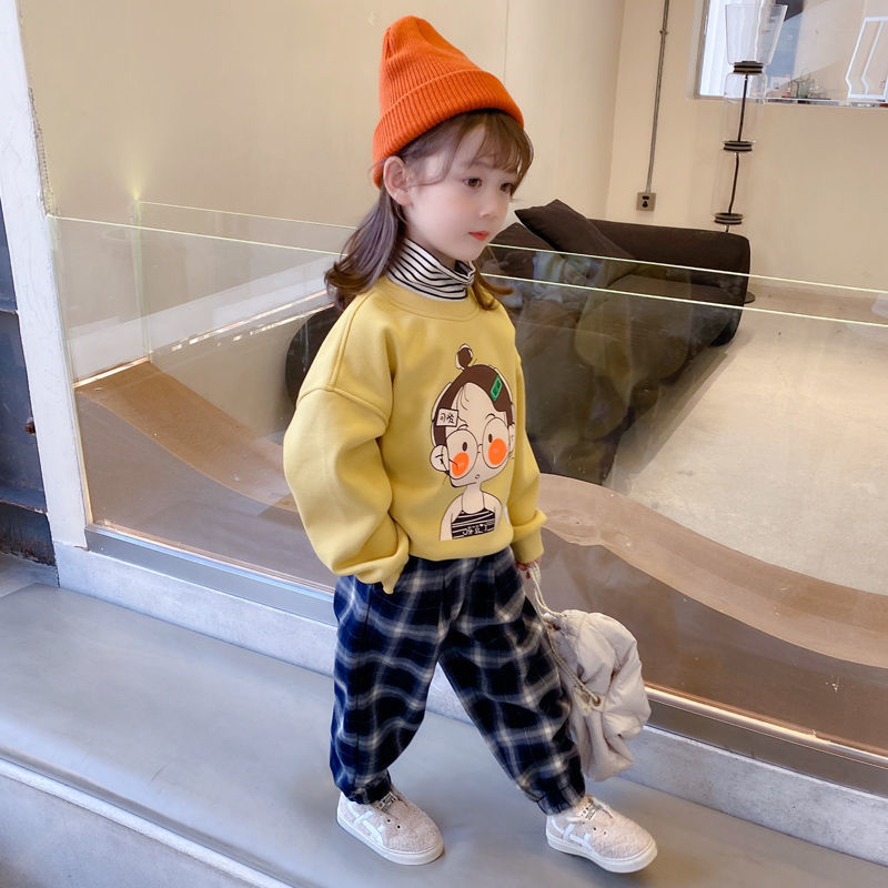 Girls' sweater Plush thickened autumn and winter clothes 2021 new Korean fake two-piece coat foreign style children's warm top