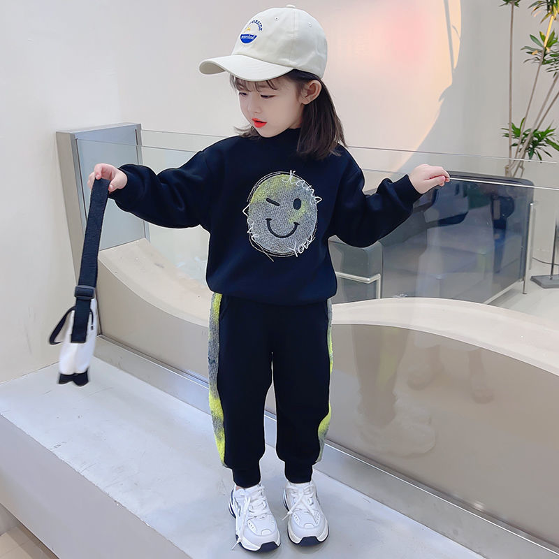 Girls' set 2021 new net red children's clothes autumn and winter clothes Plush children's thickened sweater baby two-piece set