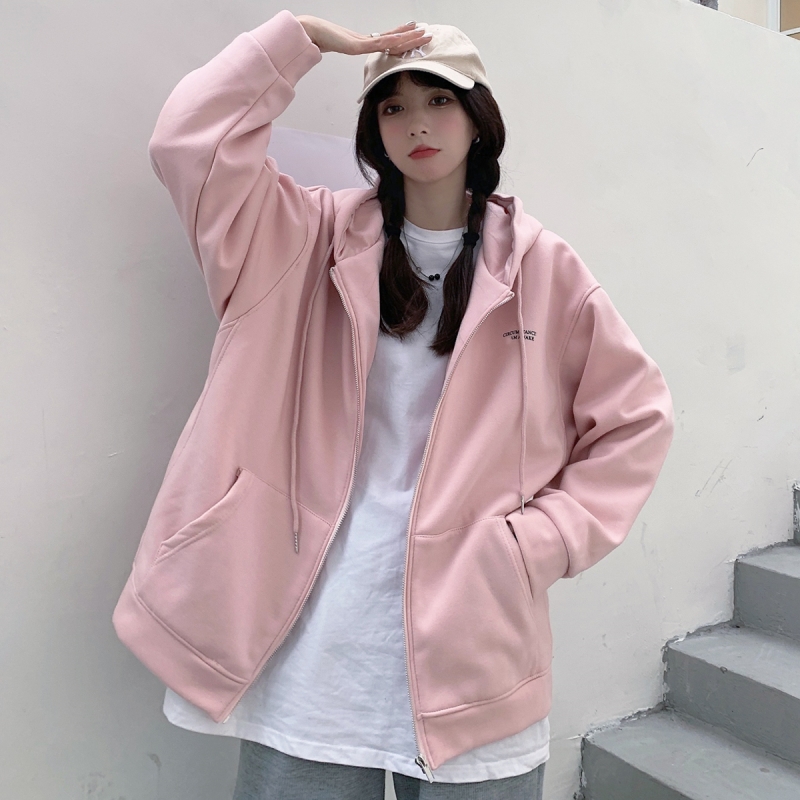 Real price 250g Plush sweater women's hooded cardigan zipper letter embroidery