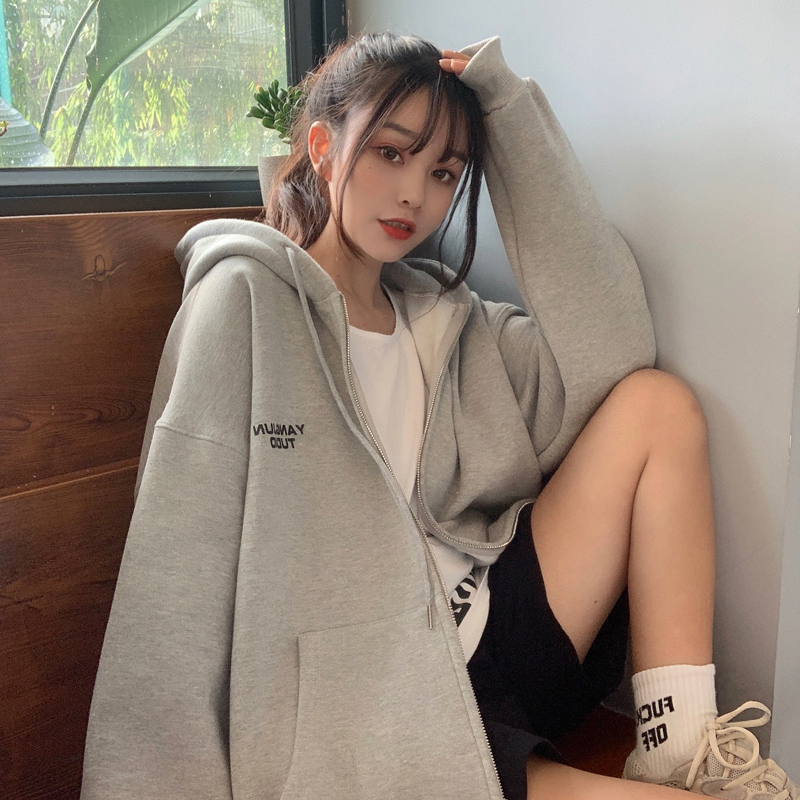 Real price 250g Plush sweater women's hooded cardigan zipper letter printing