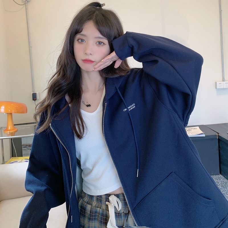 Real price 250g Plush sweater women's hooded cardigan zipper letter embroidery
