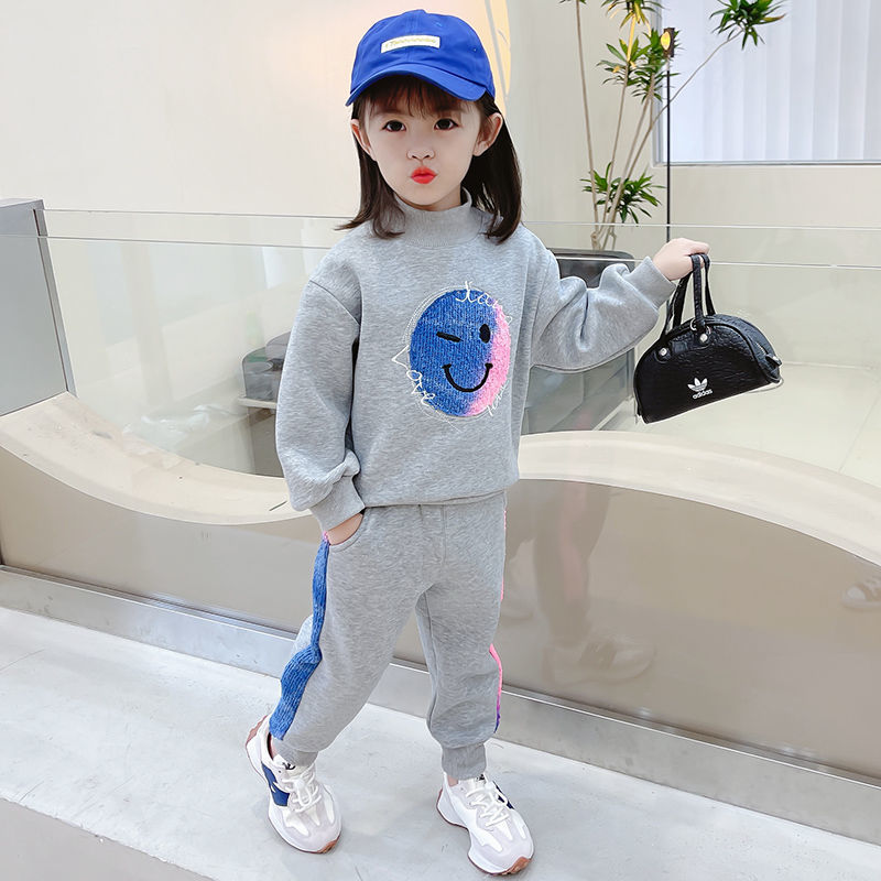 Girls' set 2021 new net red children's clothes autumn and winter clothes Plush children's thickened sweater baby two-piece set