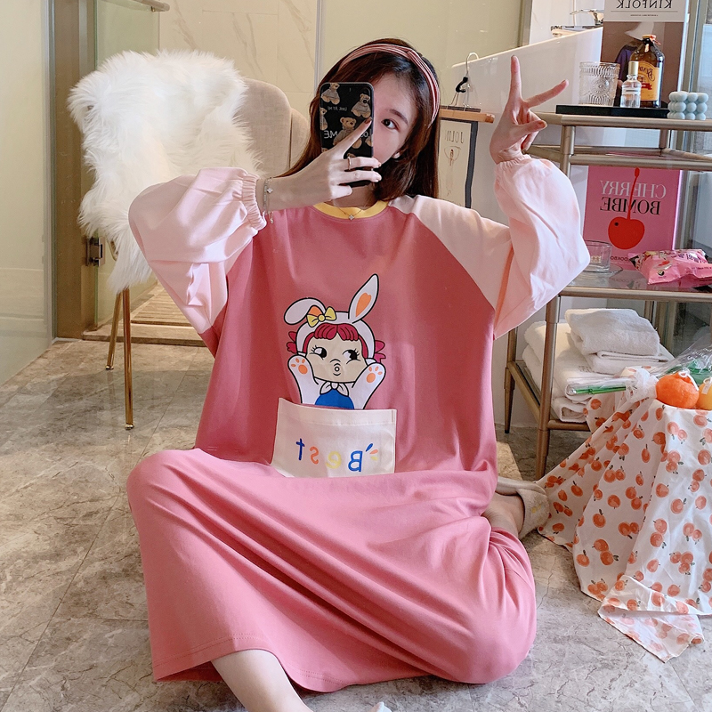 Fat mm nightdress female spring and autumn long sleeve cotton long style large size plus fat 200kg pregnant women's pajamas can be worn outside home clothes