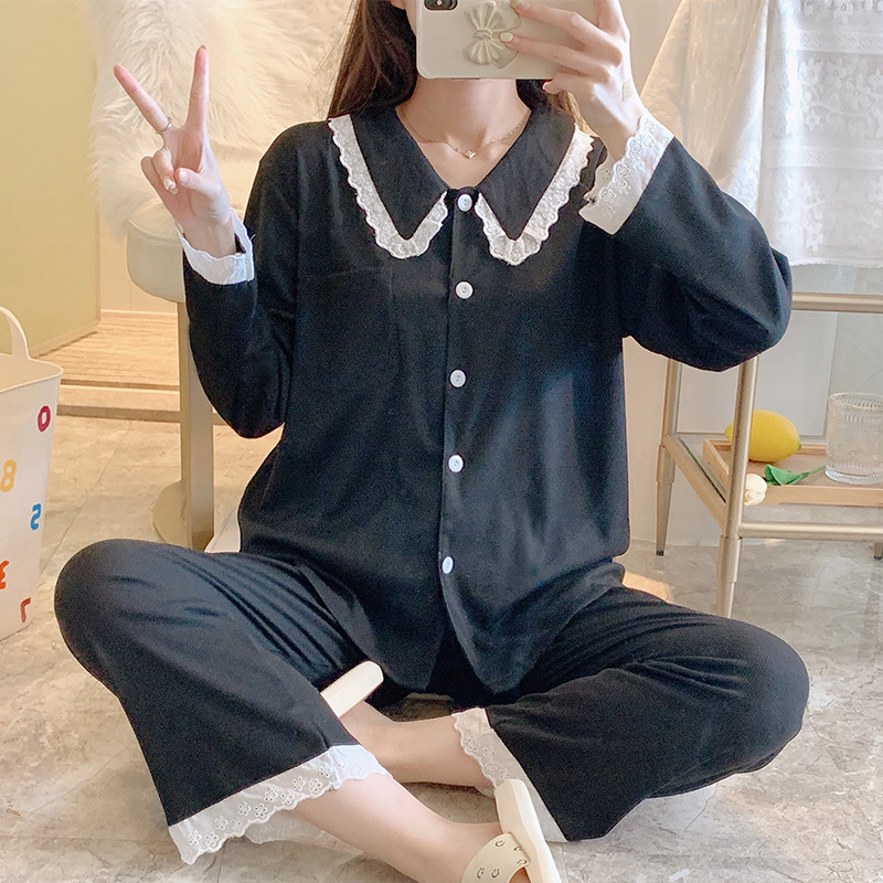Long sleeved pajamas women's spring and autumn cardigan lace fresh flower cotton suit net red pop home clothes winter thin