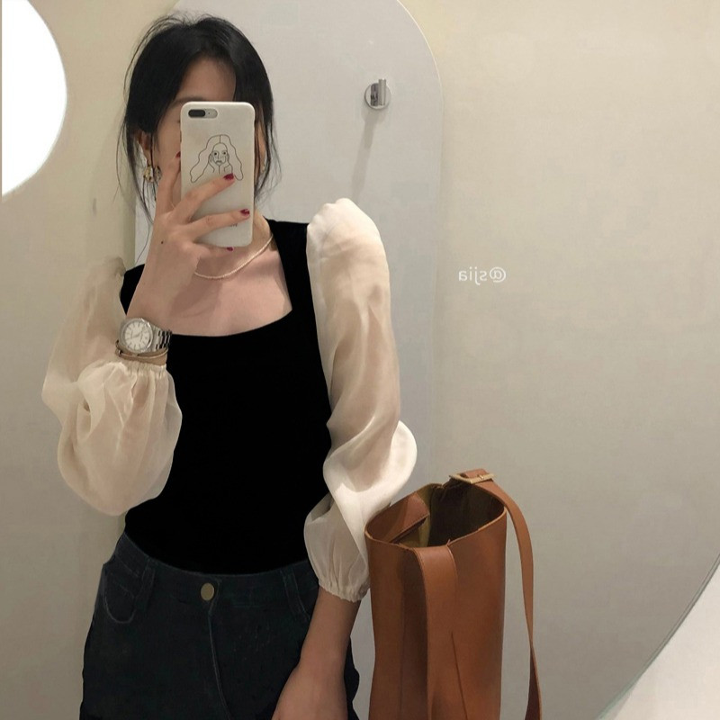 Good quality square neck bubble sleeve velvet shirt women's new French temperament thin shirt long sleeve top