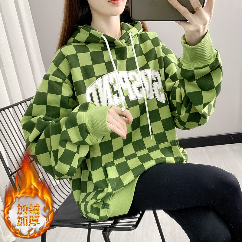 (composite 320G) warm Plush thickened loose medium length Plaid Hoodie for women