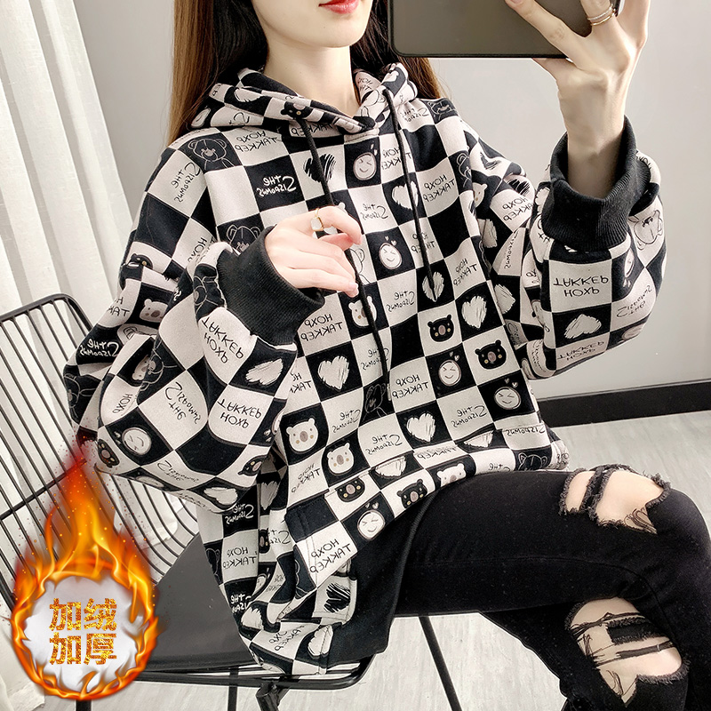 (composite 320G) warm Plush thickened loose medium length Plaid Hoodie for women
