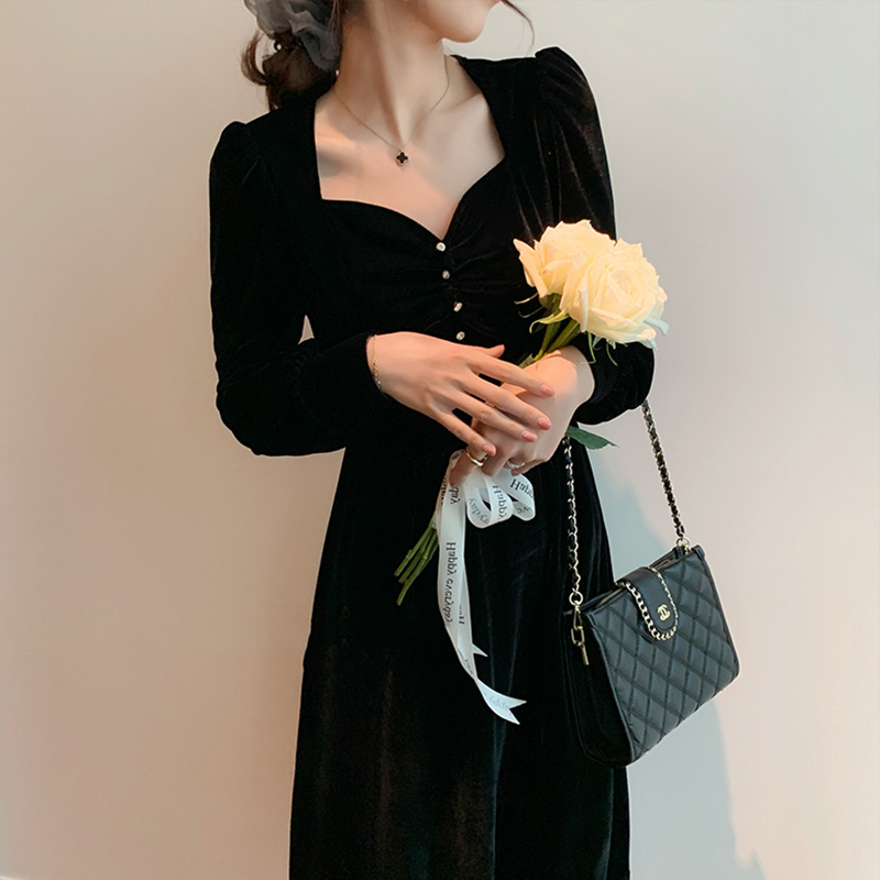 Good quality Vintage Hepburn style small dress small black dress French style small fragrance style golden velvet dress children