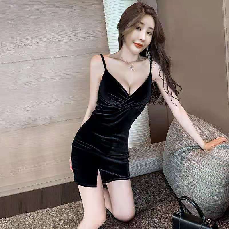 Spring and summer 2021 new nightclub disco Spice Girl suspender skirt golden velvet dress foreign style Hip Wrap Skirt
