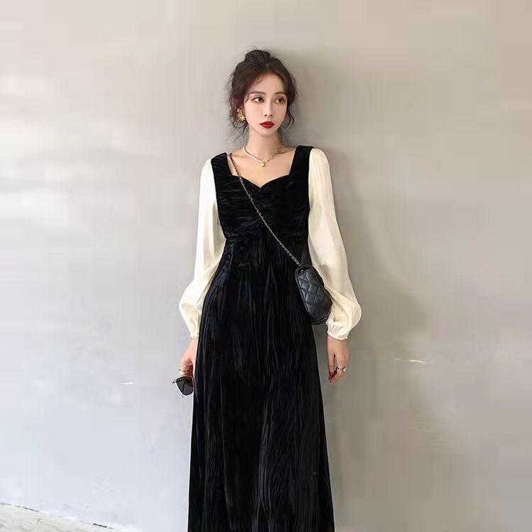 2021 spring and autumn new elegant Hepburn style light luxury stitched velvet dress French retro temperament dress