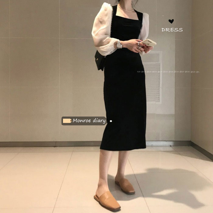 Good quality Hepburn French square neck velvet dress 2021 new women's small black skirt medium length