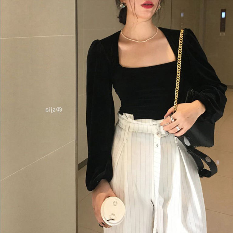 Good quality French clavicle waist closing black square neck bubble sleeve velvet shirt women's court style long sleeve top