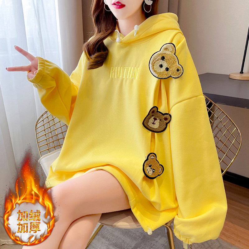 (compound 320G) warm Plush thickened loose medium length cartoon Hoodie for women