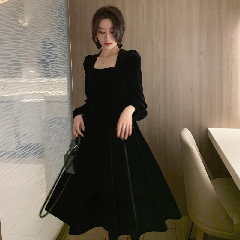 321# good quality golden velvet dress women's French retro long skirt temperament long sleeve square collar with small black skirt inside