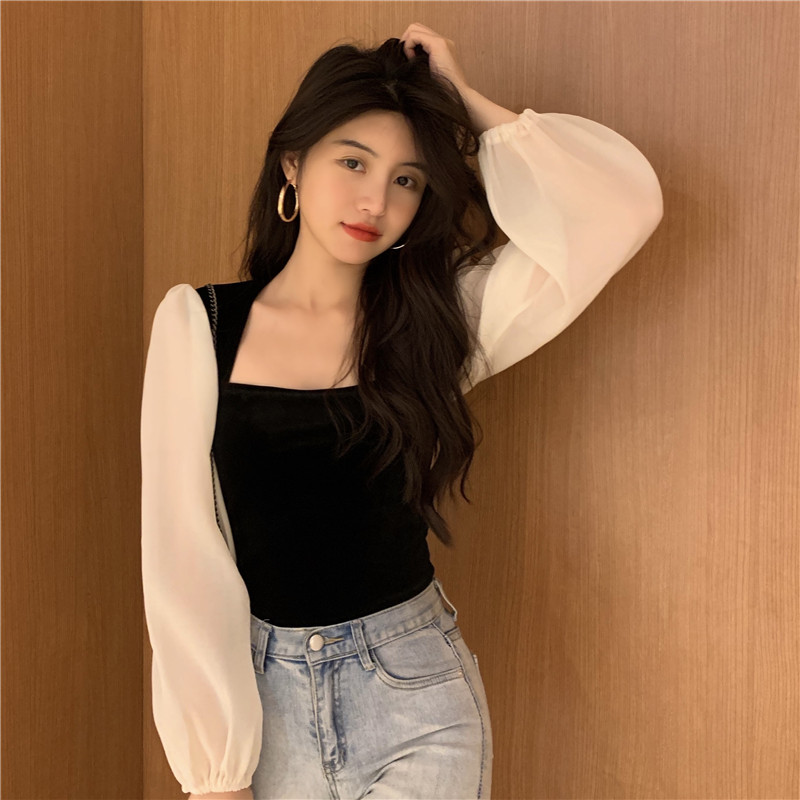 Good quality French Vintage golden velvet shirt female design sense of minority bubble long sleeve square neck temperament top